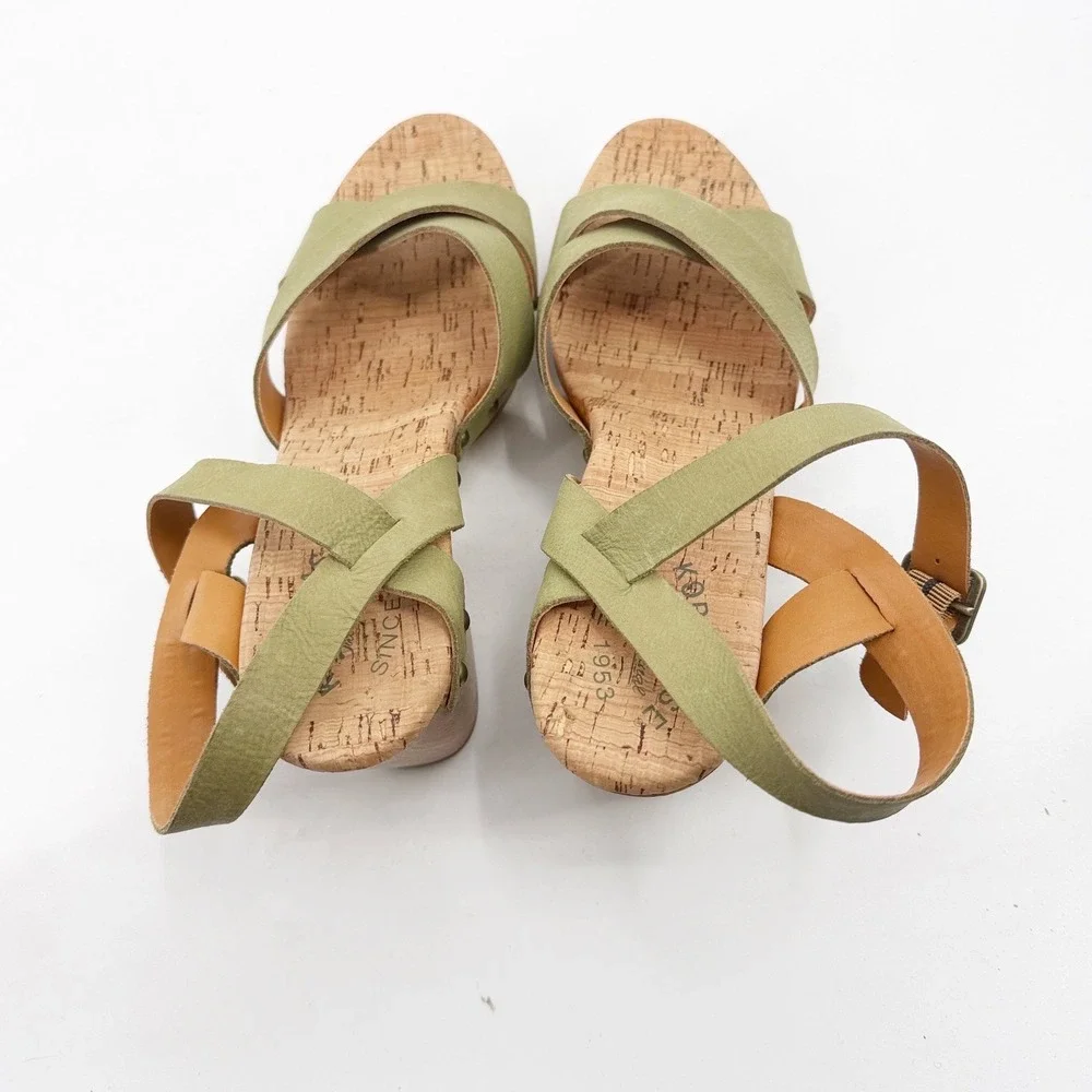 Kork-Ease Drew Green Leather Platform Sandal Wood Block Heel Clogs size 11